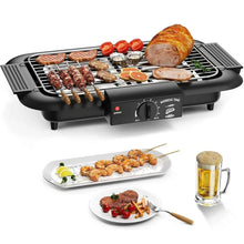 Electric smokeless grill with black base, wire rack, and assorted BBQ food pieces.