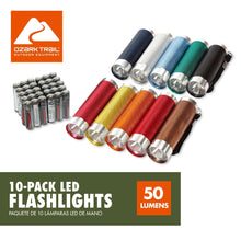 Multicolor compact LED flashlights set with silver heads, 10-pack