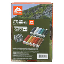 Retail box showing multicolor LED flashlight 10-pack with 50-lumen label