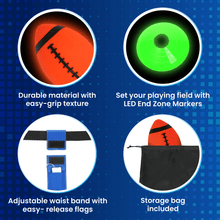 LED football, green end zone marker, blue waist belt, and storage bag
