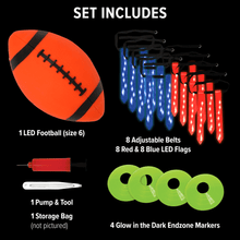 LED football set components: glowing flag belts, football, pump tool, and storage bag