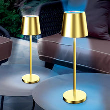Pair of gold LED patio touch lamps with tall stems and round bases