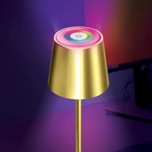Gold LED patio touch lamp top with multi-color light ring and power icon
