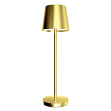 Gold LED patio touch lamp with cylindrical shade and round base