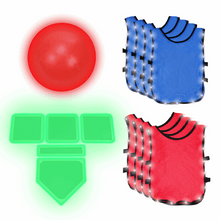 LED kickball set: glowing red ball, stacked blue and red LED vests, green bases