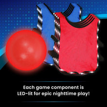 LED kickball set close-up: glowing red LED ball with lit red and blue vests