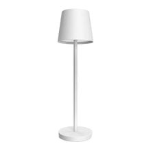 LED touch patio lamp with white fabric shade and slim white stand