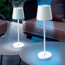 LED touch patio lamp set, white shade and base, two standing lamps