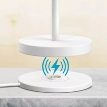 LED touch patio lamp base with circular charging pad and touch icon