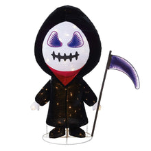 LED pop-up Halloween character in black hood with purple bat eyes and wand flag.