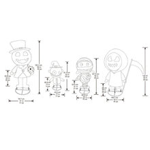 Size chart diagram for four LED Halloween pop-up figures with height measurements
