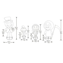 Halloween LED pop-up friends size chart showing figure dimensions in inches.