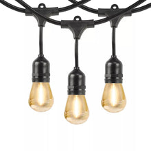 LED string lights with three amber bulbs and black sockets on wire