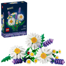 LEGO daisies building toy box with white daisies, lavender blossoms, and green leaves