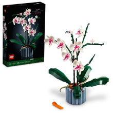Orchid building set box and artificial orchid model with pink flowers in blue ribbed pot