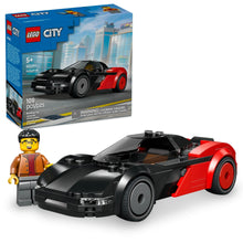 Boxed red and black EV sports car building set with driver minifigure