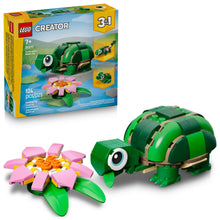 LEGO Creator turtle building toy box with green turtle model and pink water lily