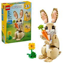LEGO Creator 3-in-1 bunny figure toy with carrot and flower pieces, plus set box