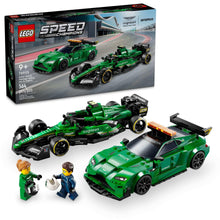 LEGO Speed Champions building set box with green race car models and minifigures
