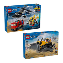 LEGO City Mix and Match boxed set showing helicopter, fire truck, and excavator