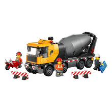 Cement mixer truck building toy with workers, wheel stops, and gray mixer drum