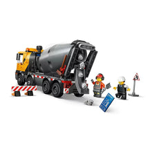 Cement mixer truck building toy with rotating drum, workers, and construction pieces