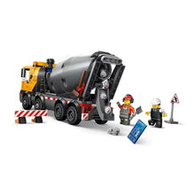 Cement mixer truck building set with large gray drum, yellow cab, and minifigures
