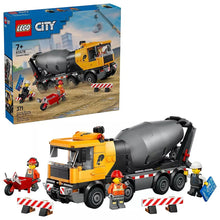 Cement mixer truck building toy with minifigures, mixer drum, and road barriers