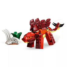 3-in-1 dinosaur toy brick builds: red multi-limbed dinosaur with white clawed creature