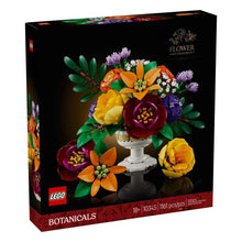 LEGO flower arrangement display box with colorful floral build and green leaves