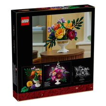 LEGO flower arrangement display box with multicolor blooms on a white pedestal stand