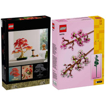 LEGO red maple bonsai and cherry blossom set boxes shown front-on