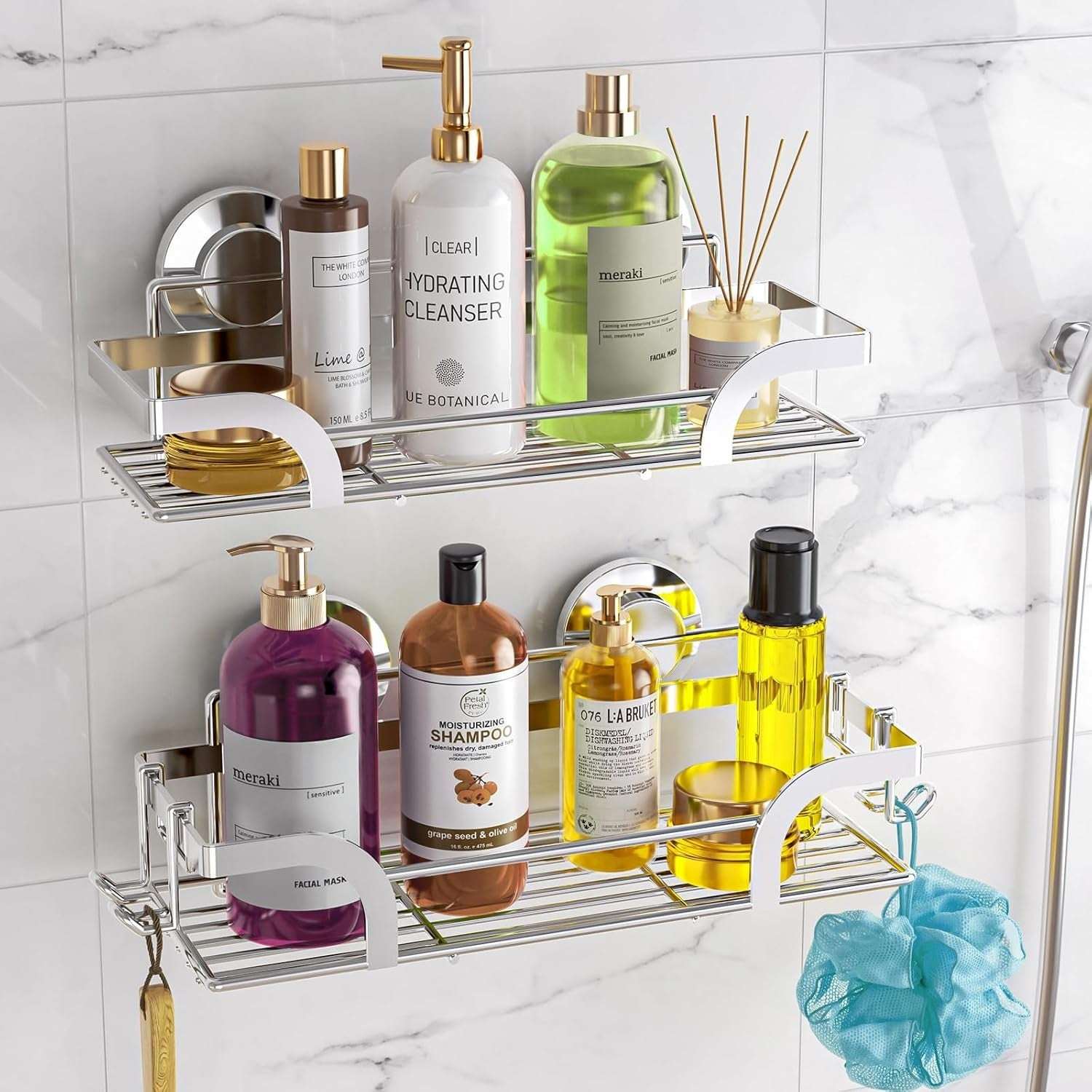 LEVERLOC Shower Caddy Suction Cup Set Shower Organizer & Soap Holder & Toothbrush Holder, Bathroom Shelf Basket NO-Drilling, Removable Suction Storage Waterproof Bathroom Caddy
