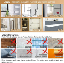 Instruction graphic for suction shower caddy surfaces, marking smooth tiles as suitable