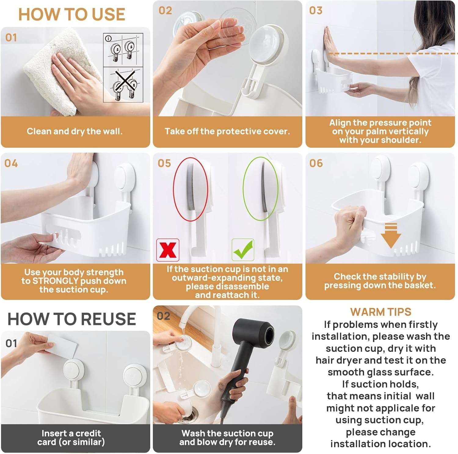 LEVERLOC Shower Caddy Suction Cup, Shower Organizer Removable Bathroom Shelf, Storage Suction Powerful Max Hold 22lbs Bathroom Caddy Waterproof Holder