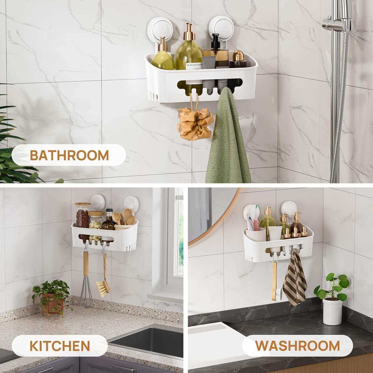 LEVERLOC Shower Caddy Suction Cup, Shower Organizer Removable Bathroom Shelf, Storage Suction Powerful Max Hold 22lbs Bathroom Caddy Waterproof Holder