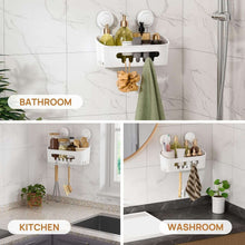 White suction cup shower caddy shown in multiple rooms, holding bottles and cleaning tools
