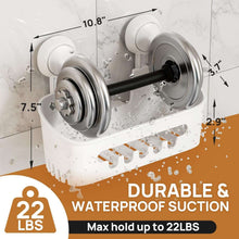 White double-suction shower caddy on tile wall, with size and max-hold shown
