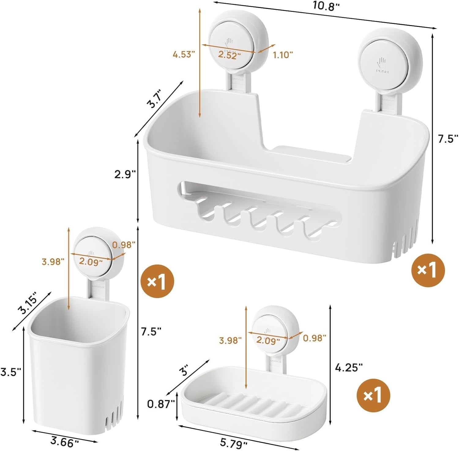 LEVERLOC Shower Caddy Suction Cup Set Shower Organizer & Soap Holder & Toothbrush Holder, Bathroom Shelf Basket NO-Drilling, Removable Suction Storage Waterproof Bathroom Caddy