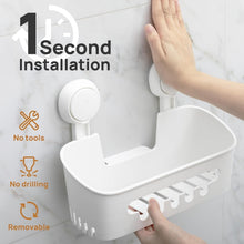 White suction cup shower caddy mounted on tile wall by hand, no tools, removable