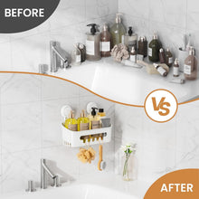 White suction cup shower caddy mounted on tile wall with bottles and bath accessories