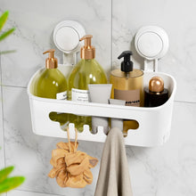 White suction cup shower caddy with shelves and side hooks, holding bottles and towels