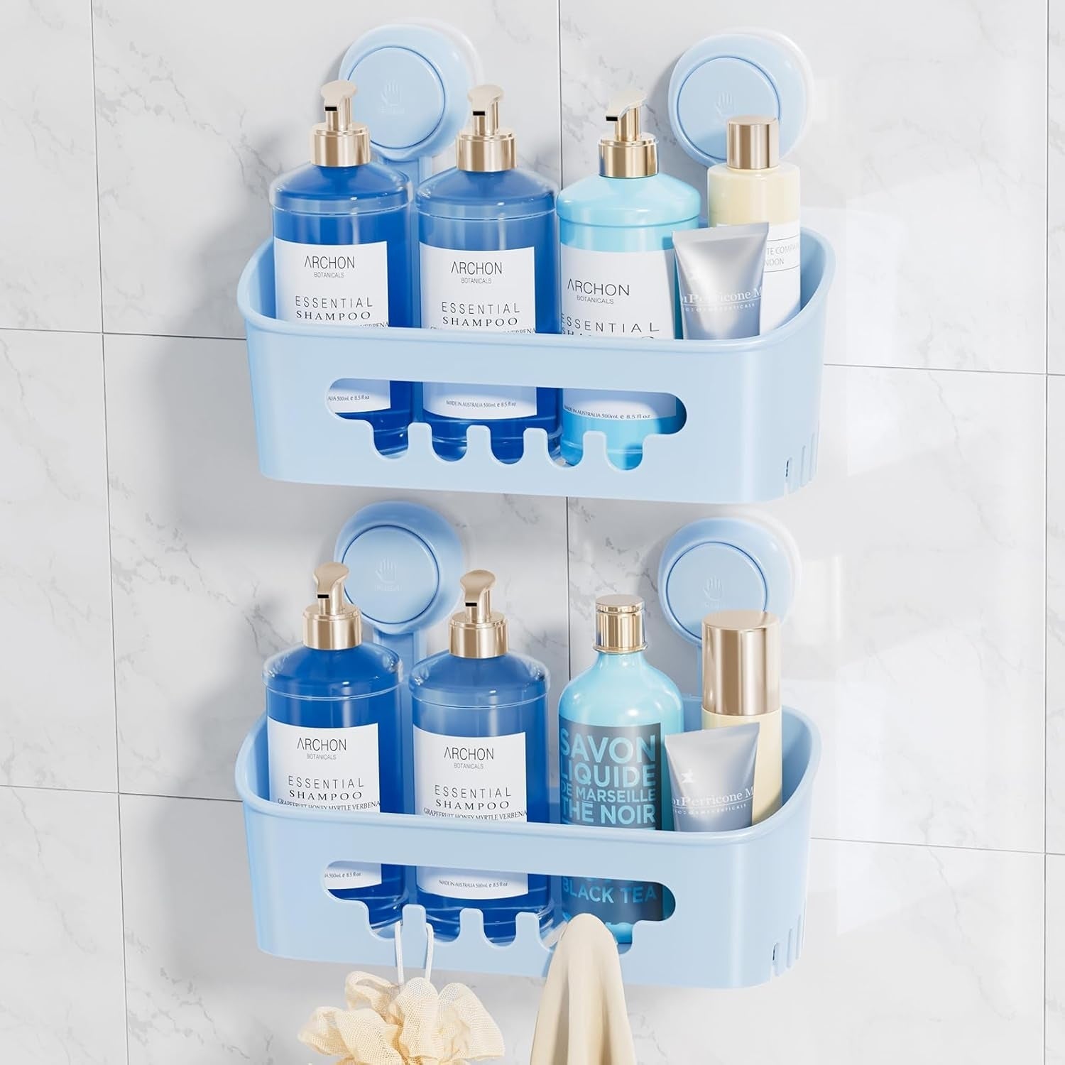 LEVERLOC Shower Caddy Suction Cup, Shower Organizer Removable Bathroom Shelf, Storage Suction Powerful Max Hold 22lbs Bathroom Caddy Waterproof Holder