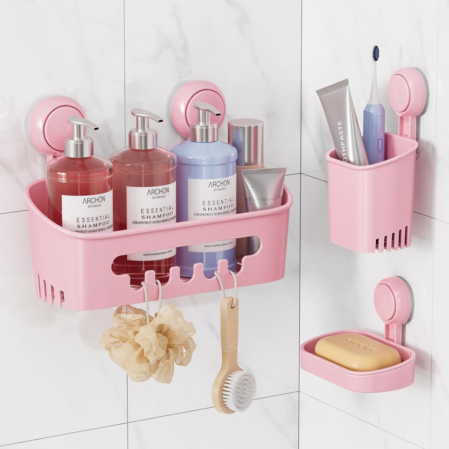 LEVERLOC Shower Caddy Suction Cup Set Shower Organizer & Soap Holder & Toothbrush Holder, Bathroom Shelf Basket NO-Drilling, Removable Suction Storage Waterproof Bathroom Caddy