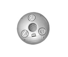 Small solar flagpole light head with four LED lenses and mounting base, silver-gray