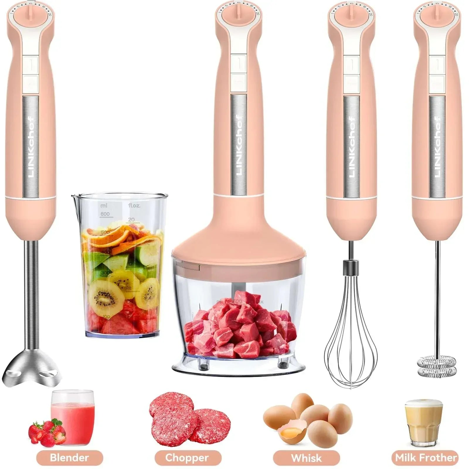LINKChef Immersion Blender, 20-Speed 1000W 5-in-1 Immersion Hand Blender, Stick Blender with Turbo Mode, Baby Food Processor with Chopper, Blender for Kitchen with 600ml Beaker (White)