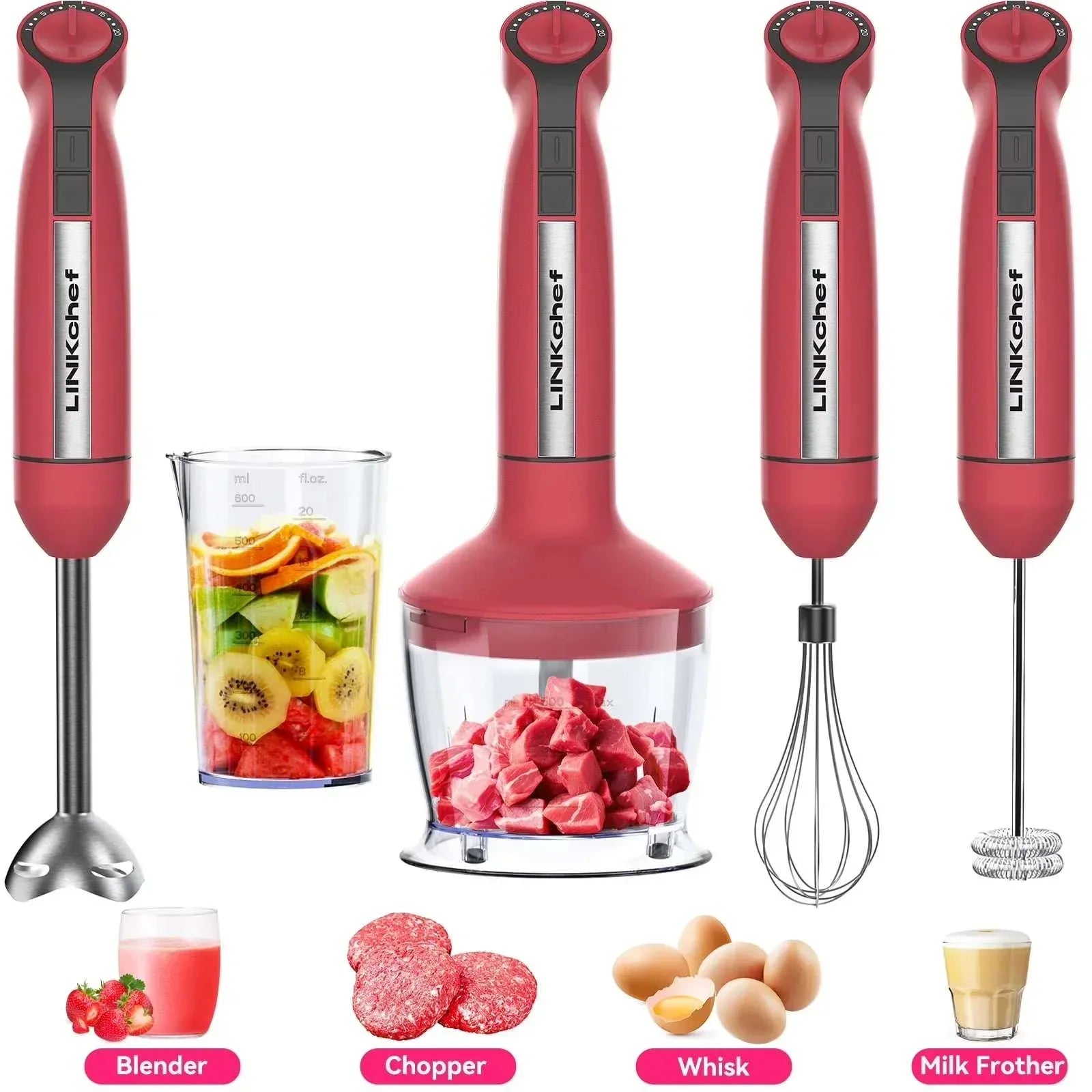LINKChef Immersion Blender, 20-Speed 1000W 5-in-1 Immersion Hand Blender, Stick Blender with Turbo Mode, Baby Food Processor with Chopper, Blender for Kitchen with 600ml Beaker (White)
