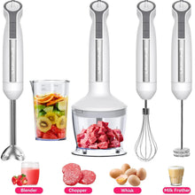 White immersion blender kit with beaker, chopper, whisk, and milk frother tools