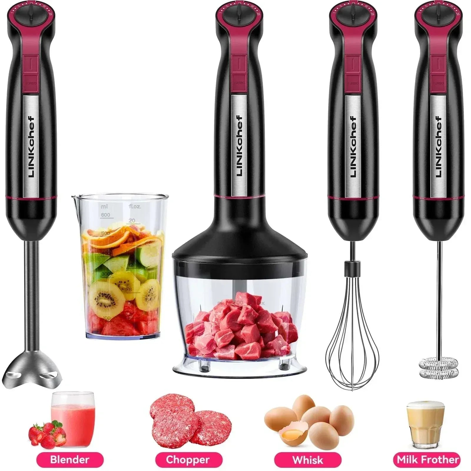 LINKChef Immersion Blender, 20-Speed 1000W 5-in-1 Immersion Hand Blender, Stick Blender with Turbo Mode, Baby Food Processor with Chopper, Blender for Kitchen with 600ml Beaker (White)