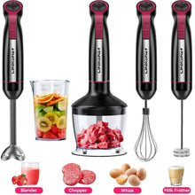 Black immersion blender kit with beaker, chopper, whisk, and milk frother